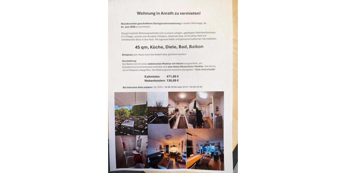 Dachgeschoßwohnung Willich - 2 Zimmer, 45 m&sup2;, 602&euro; | Angebot:25782616