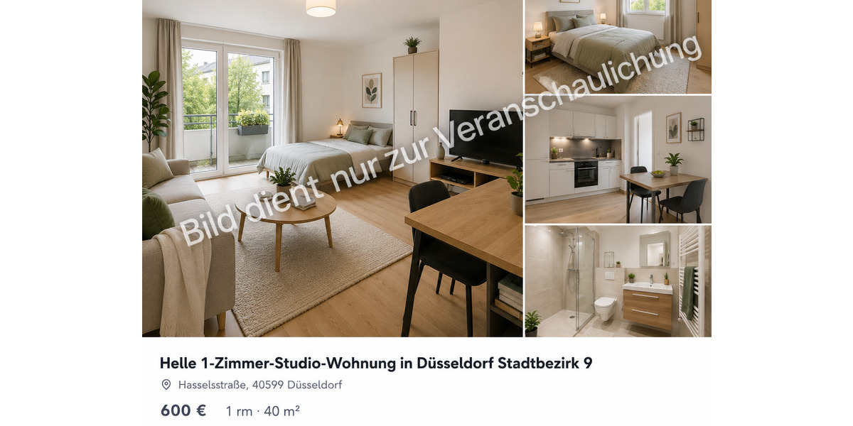 Etagenwohnung Düsseldorf Stadtbezirk 9 - 1 Zimmer, 40 m&sup2;, 500&euro; | Angebot:27165144