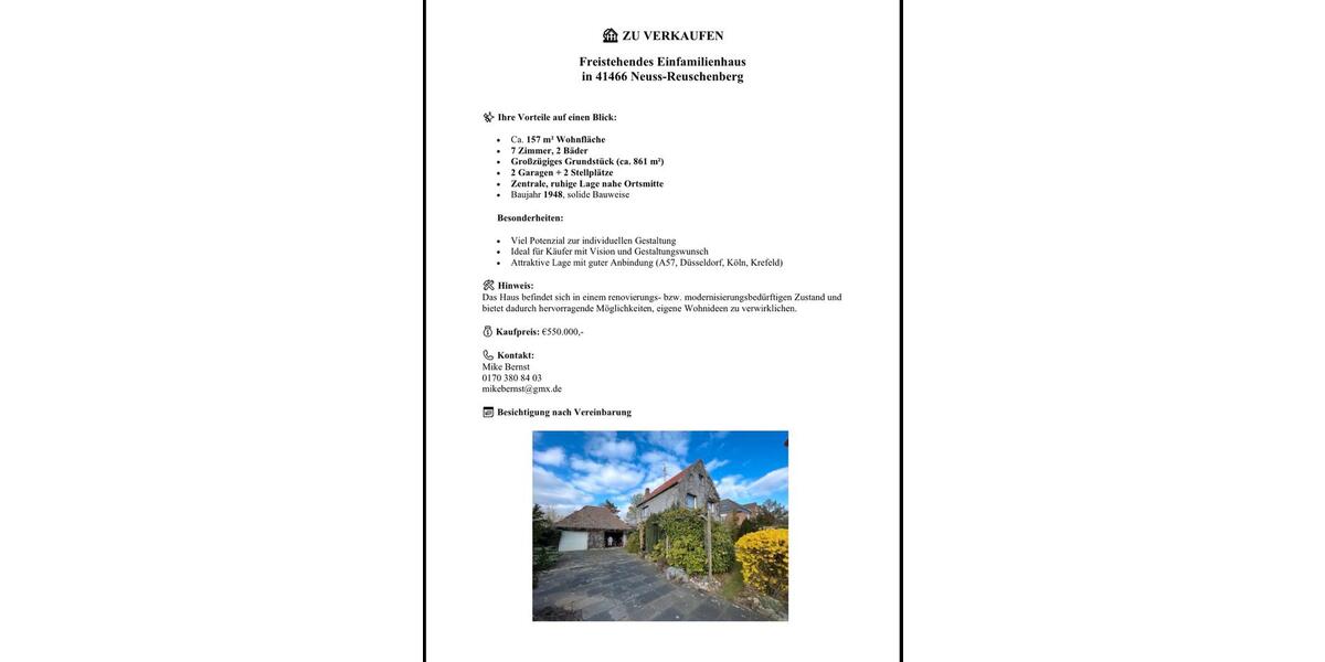 Einfamilienhaus Neuss Reuschenberg - 7 Zimmer, 157 m&sup2;, 550.000&euro; | Angebot:27120739