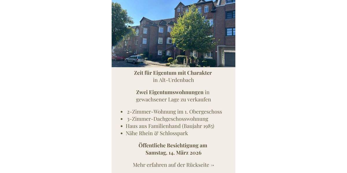 Etagenwohnung Düsseldorf-Urdenbach Urdenbach - 2 Zimmer, 54 m&sup2;, 217.250&euro; | Angebot:25657557