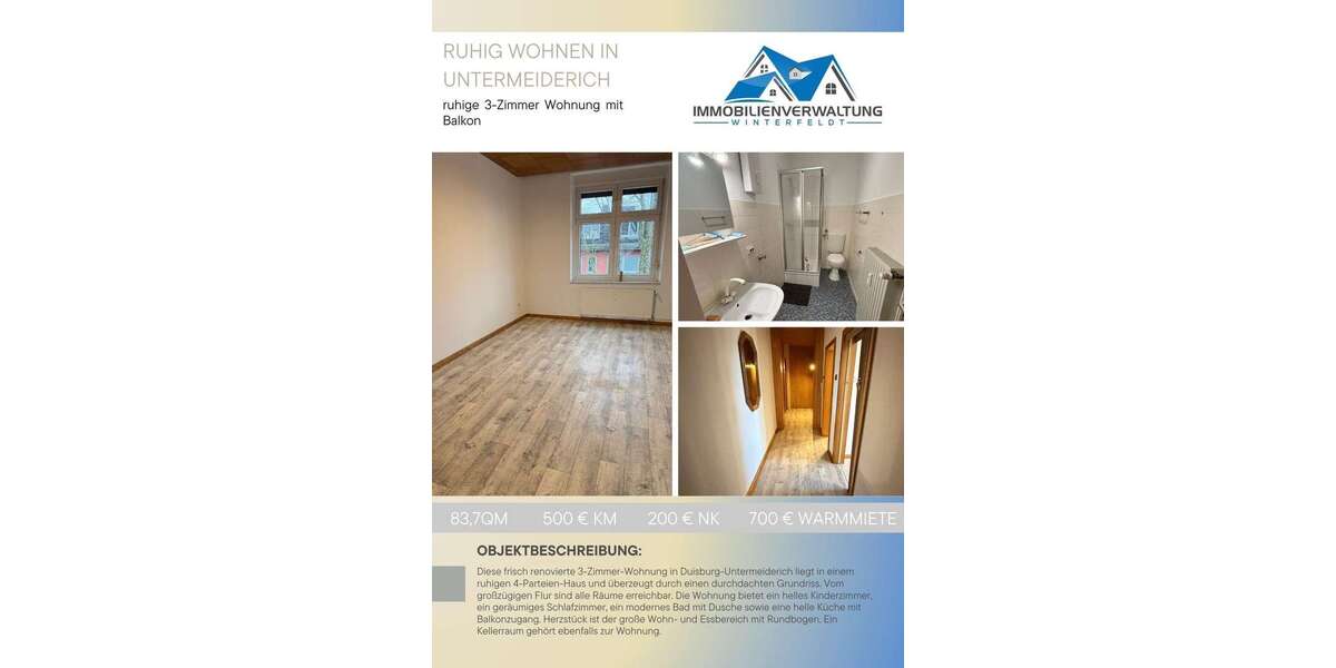 Etagenwohnung Duisburg Mittelmeiderich - 3 Zimmer, 84 m&sup2;, 500&euro; | Angebot:25819571